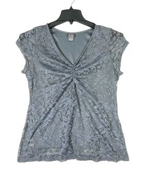 Dots Floral Lace Blouse Women's L Gray Short Sleeve V-Neck Cinched Front Lined